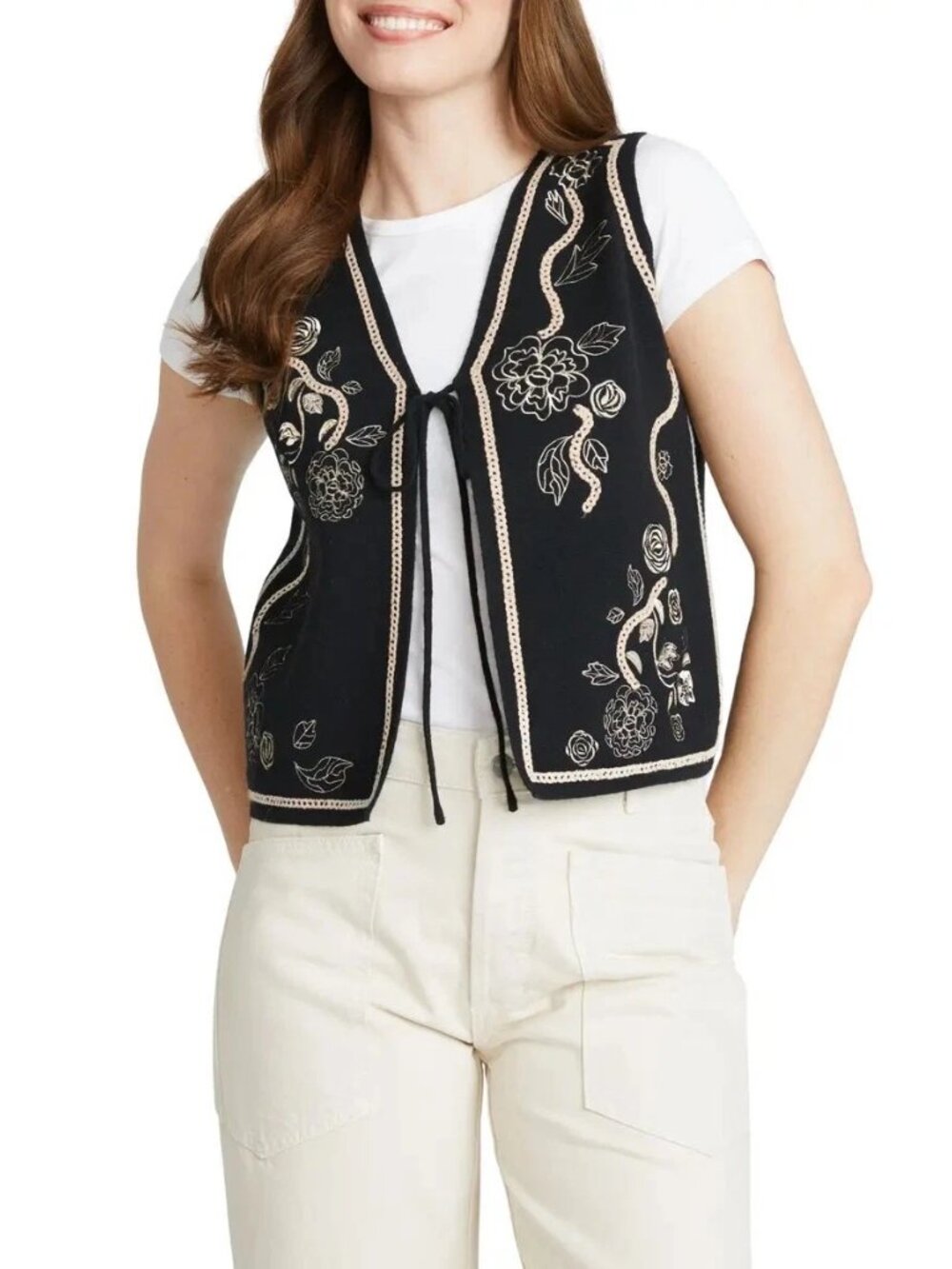Driftwood Sweater Vest Women's Size L Black Ravishing Rosette Tie Front